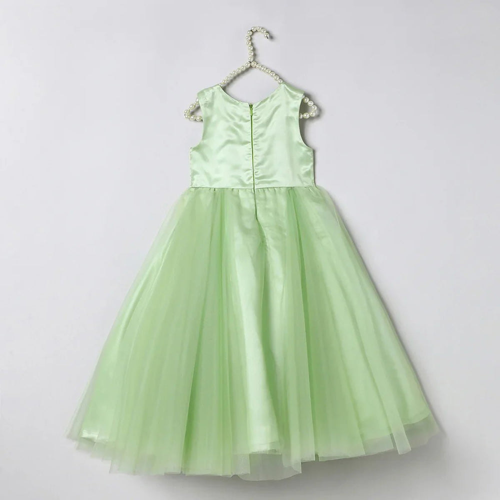 Dusty Lime Tulle Girls Party Gown with Zardozi Embroidery & 3D Floral Detailing - BYB PREMIUM