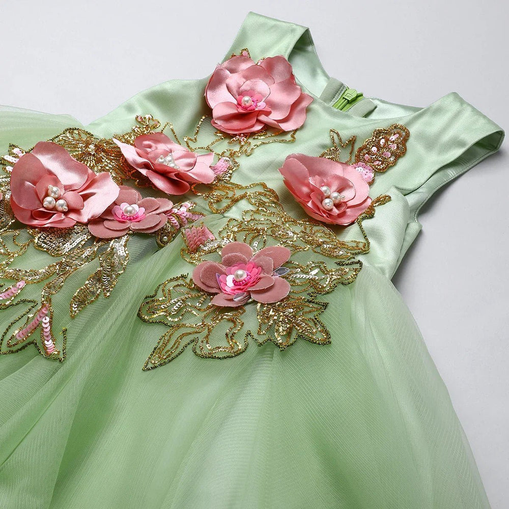 Dusty Lime Tulle Girls Party Gown with Zardozi Embroidery & 3D Floral Detailing - BYB PREMIUM