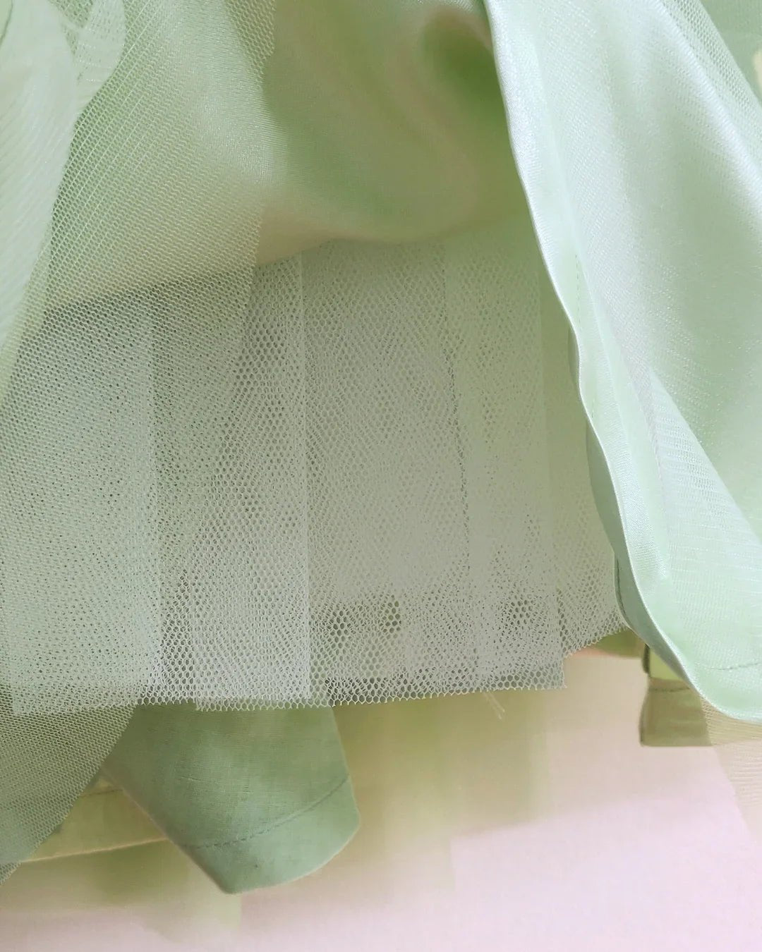 Dusty Lime Tulle Girls Party Gown with Zardozi Embroidery & 3D Floral Detailing - BYB PREMIUM