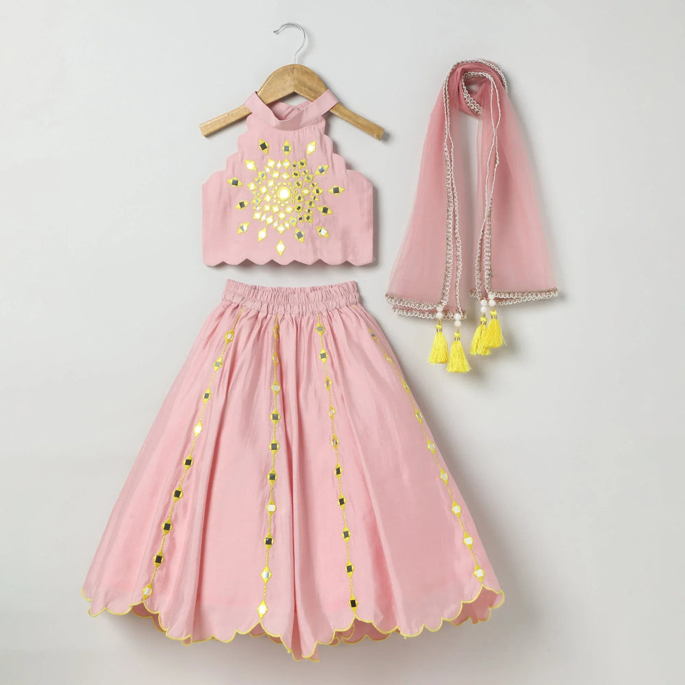 Dusty Pink Chanderi Silk Girls Lehenga Set with Mirror Work & Dupatta - BYB PREMIUM