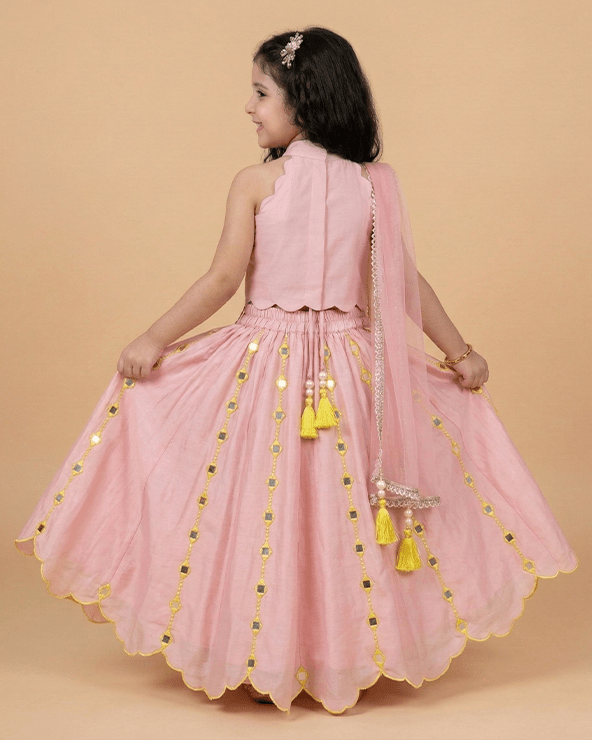 Dusty Pink Chanderi Silk Girls Lehenga Set with Mirror Work & Dupatta - BYB PREMIUM