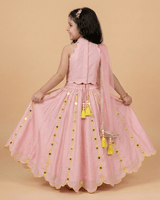 Dusty Pink Chanderi Silk Girls Lehenga Set with Mirror Work & Dupatta - BYB PREMIUM