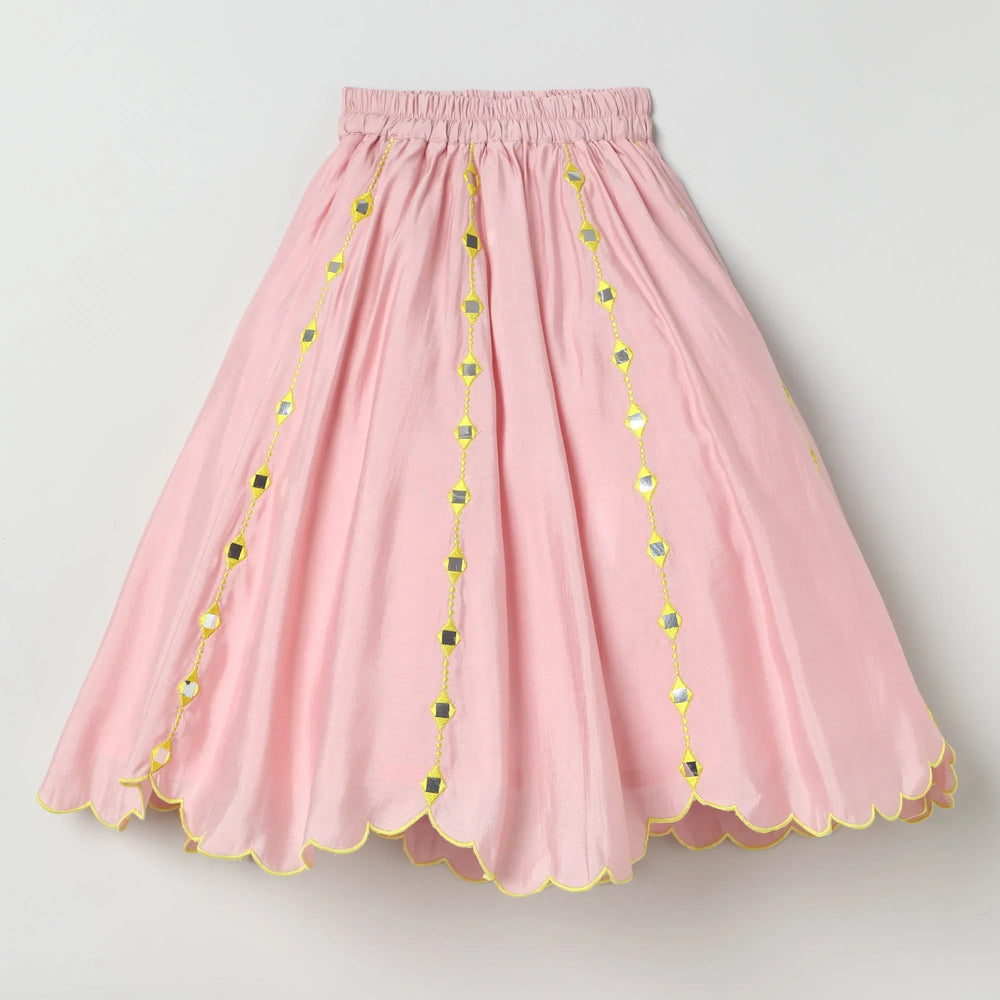 Dusty Pink Chanderi Silk Girls Lehenga Set with Mirror Work & Dupatta - BYB PREMIUM