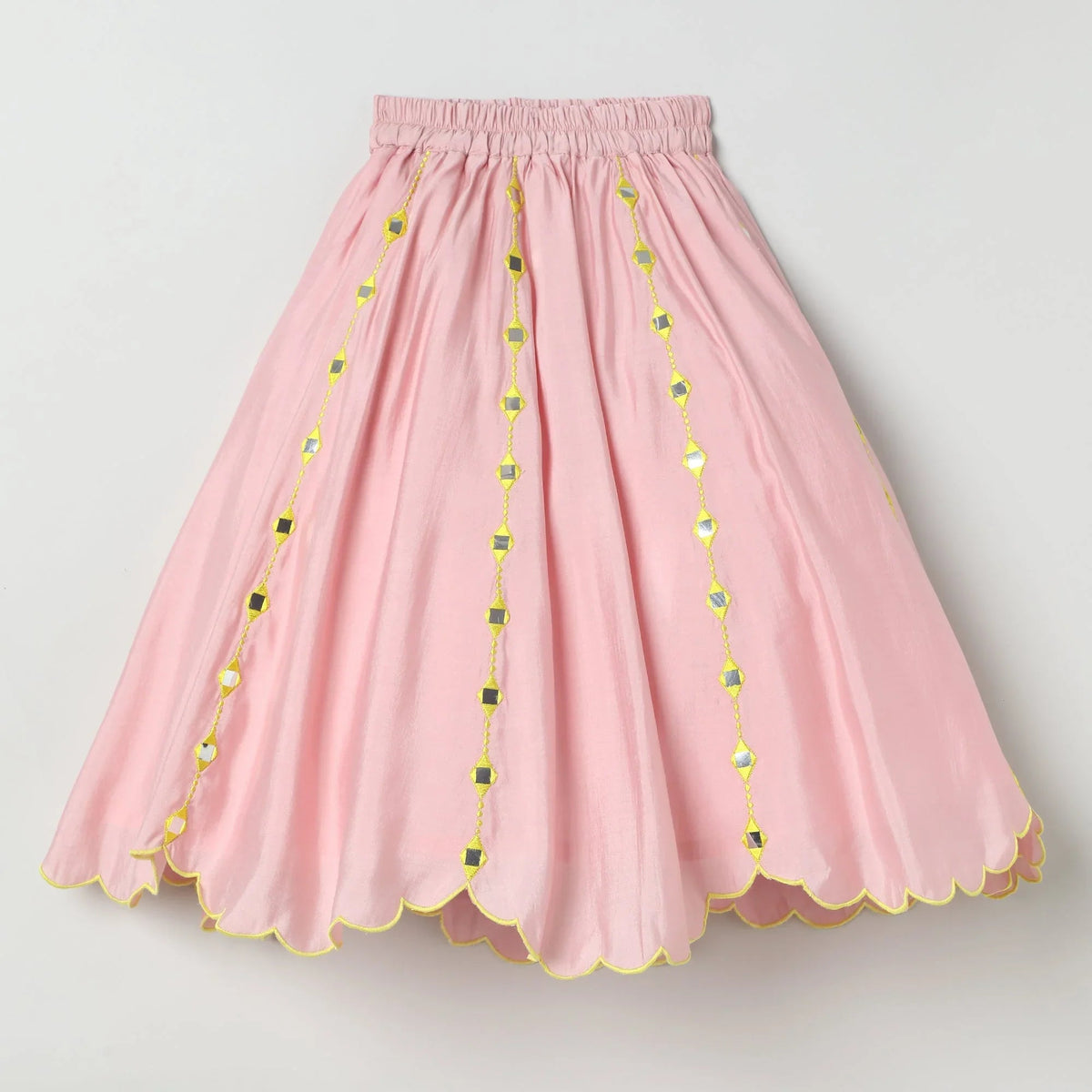 Dusty pink chanderi silk girls lehenga set with mirror work & dupatta   byb premium