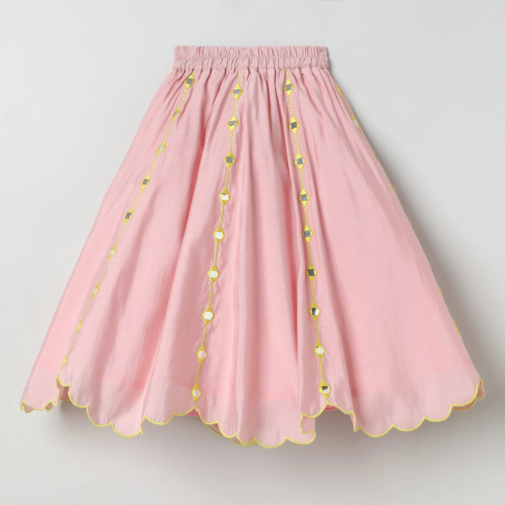 Dusty Pink Chanderi Silk Girls Lehenga Set with Mirror Work & Dupatta - BYB PREMIUM
