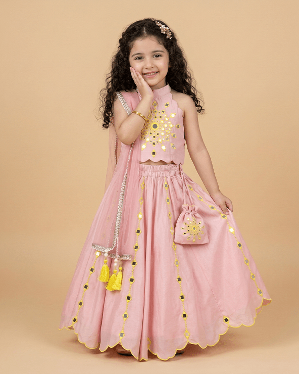 Dusty Pink Chanderi Silk Girls Lehenga Set with Mirror Work & Dupatta - BYB PREMIUM