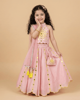 Dusty Pink Chanderi Silk Girls Lehenga Set with Mirror Work & Dupatta - BYB PREMIUM