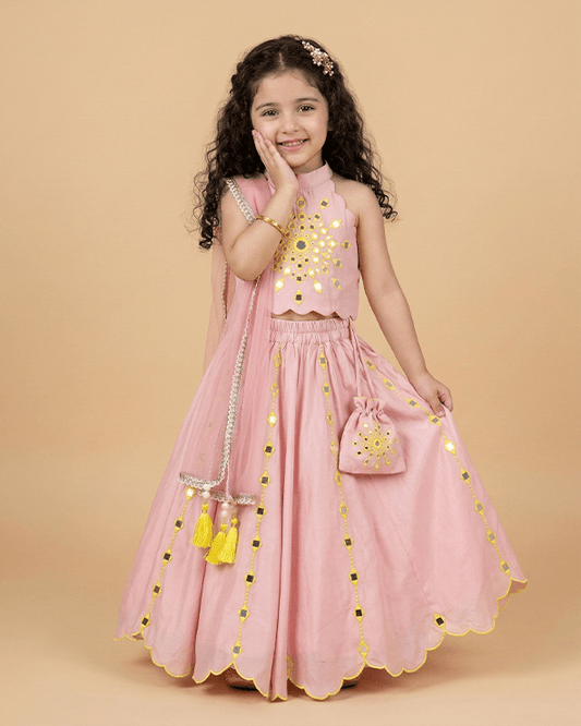 Dusty Pink Chanderi Silk Girls Lehenga Set with Mirror Work & Dupatta - BYB PREMIUM