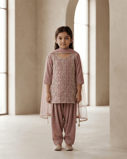 Dusty Pink Embroidered Kurta Salwar Set for Girls | Festive Ethnic Wear - BYB PREMIUM