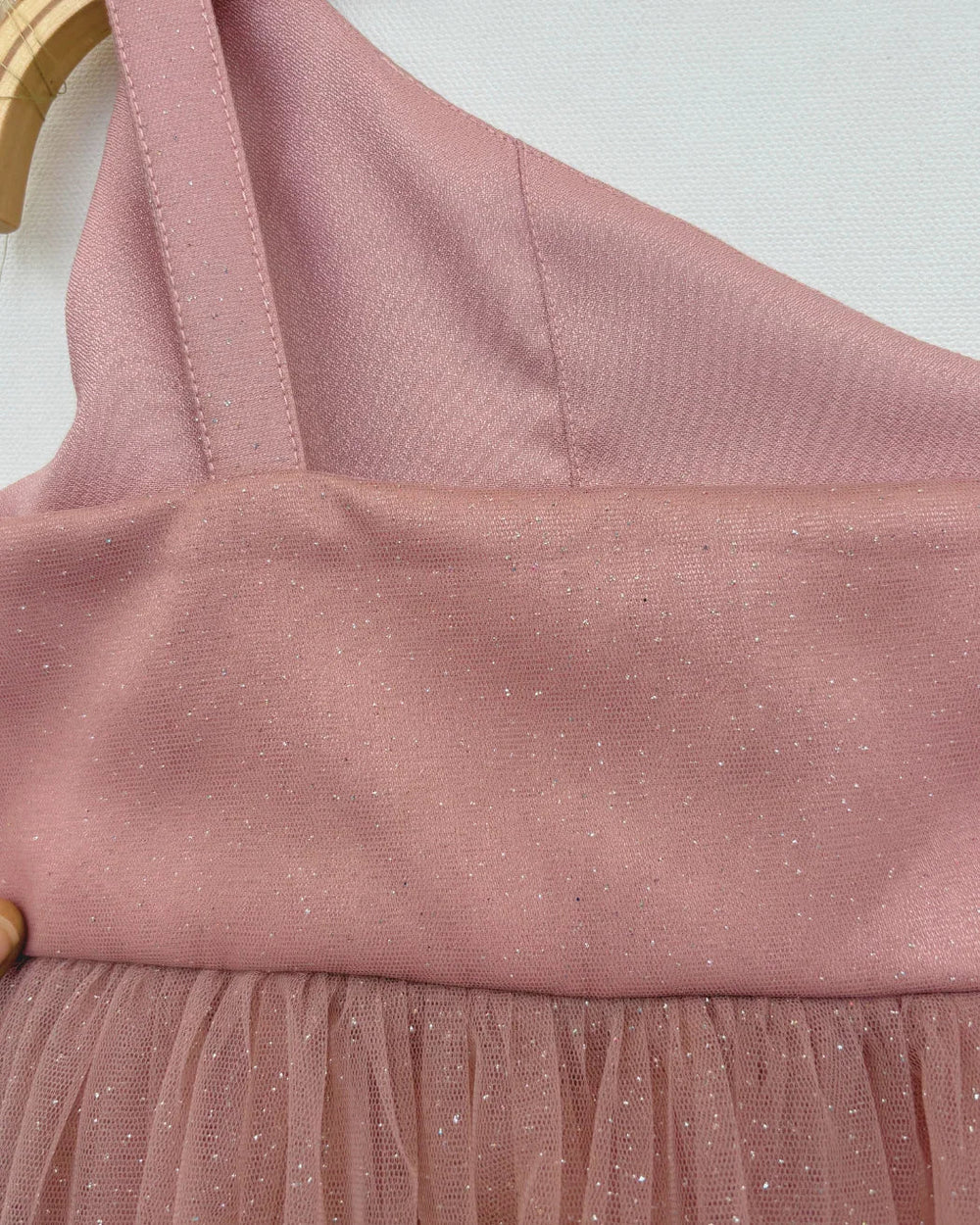 Dusty Rose Glitter Tulle Girls One-Shoulder Party Gown with Sequin Embroidery - BYB PREMIUM