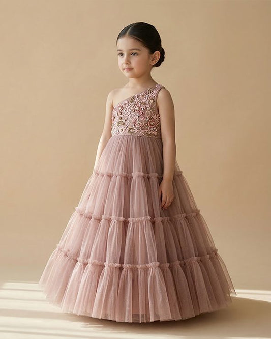 Dusty Rose Glitter Tulle Girls One-Shoulder Party Gown with Sequin Embroidery - BYB PREMIUM