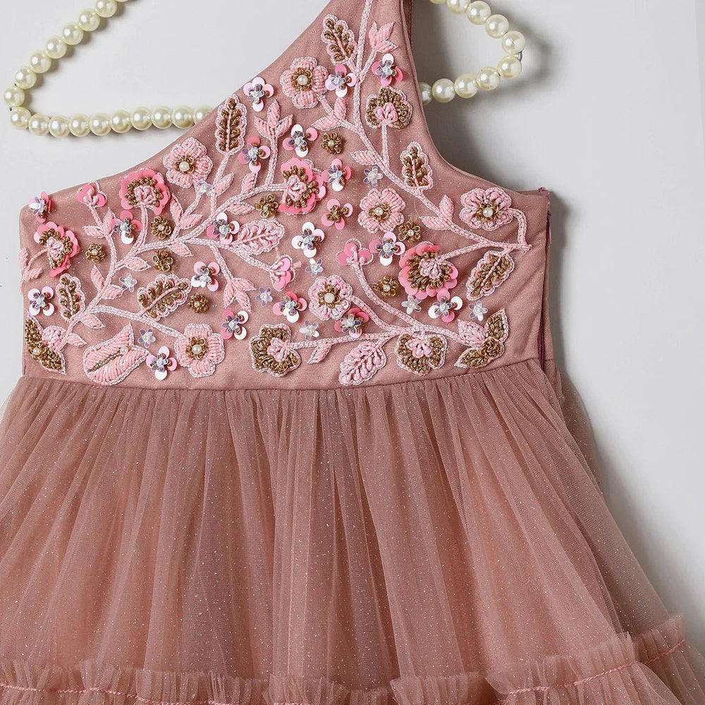 Dusty Rose Glitter Tulle Girls One-Shoulder Party Gown with Sequin Embroidery - BYB PREMIUM