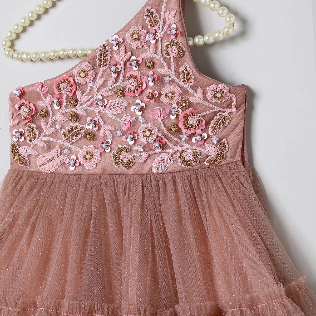 Dusty rose glitter tulle girls one shoulder party gown with sequin embroidery   byb premium