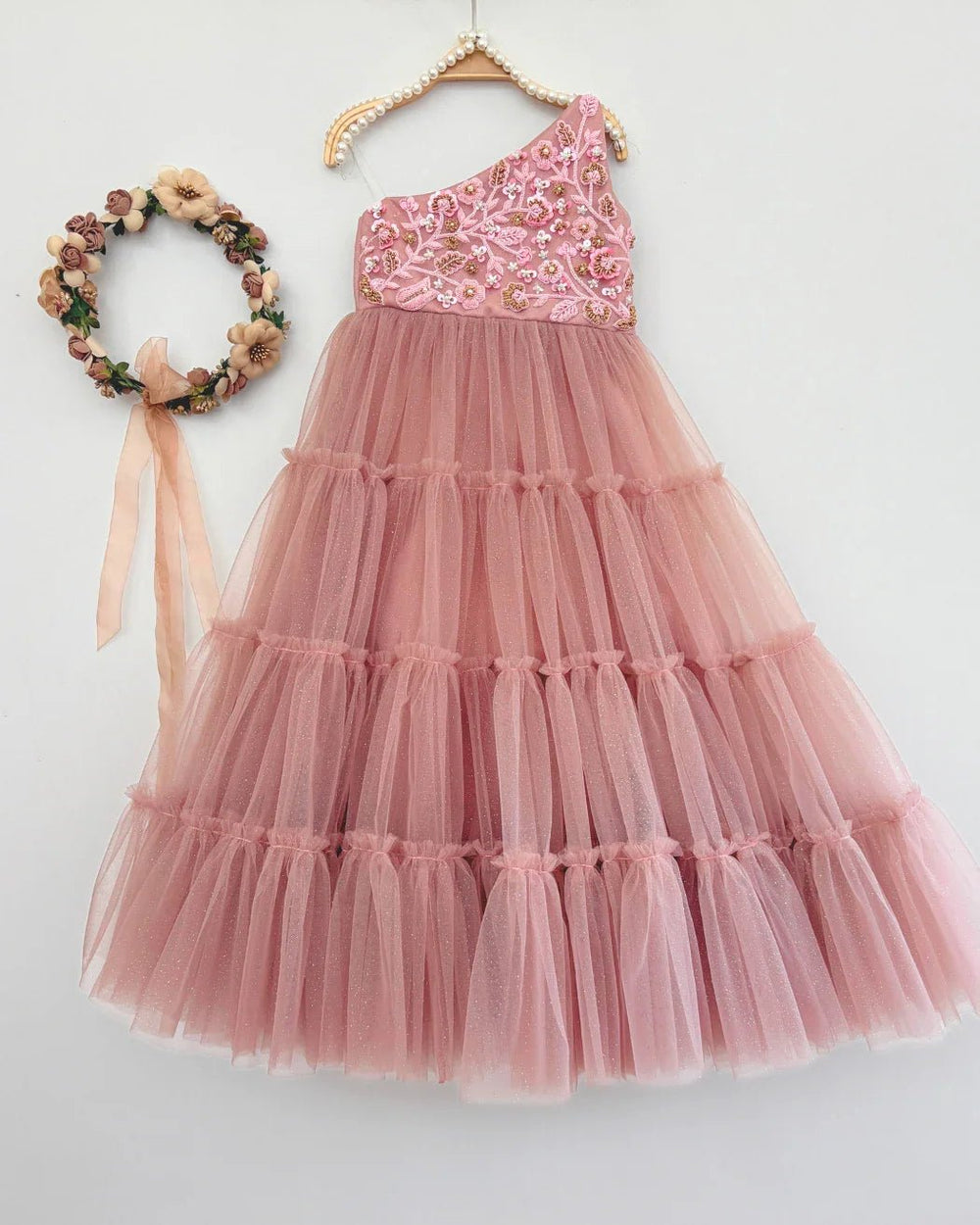 Dusty Rose Glitter Tulle Girls One-Shoulder Party Gown with Sequin Embroidery - BYB PREMIUM