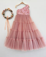 Dusty Rose Glitter Tulle Girls One-Shoulder Party Gown with Sequin Embroidery - BYB PREMIUM