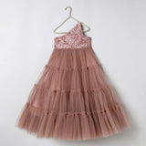 Dusty Rose Glitter Tulle Girls One-Shoulder Party Gown with Sequin Embroidery - BYB PREMIUM