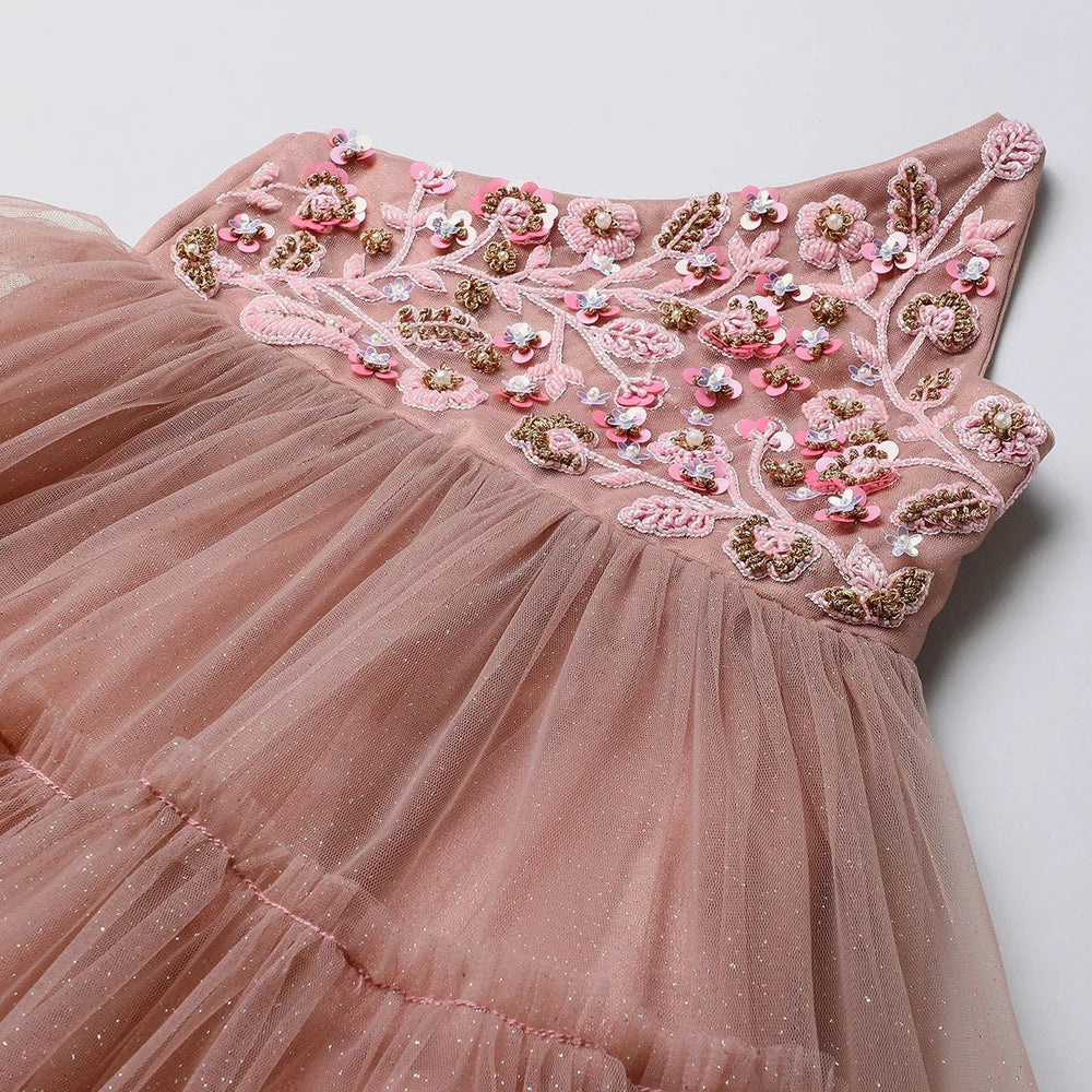 Dusty Rose Glitter Tulle Girls One-Shoulder Party Gown with Sequin Embroidery - BYB PREMIUM