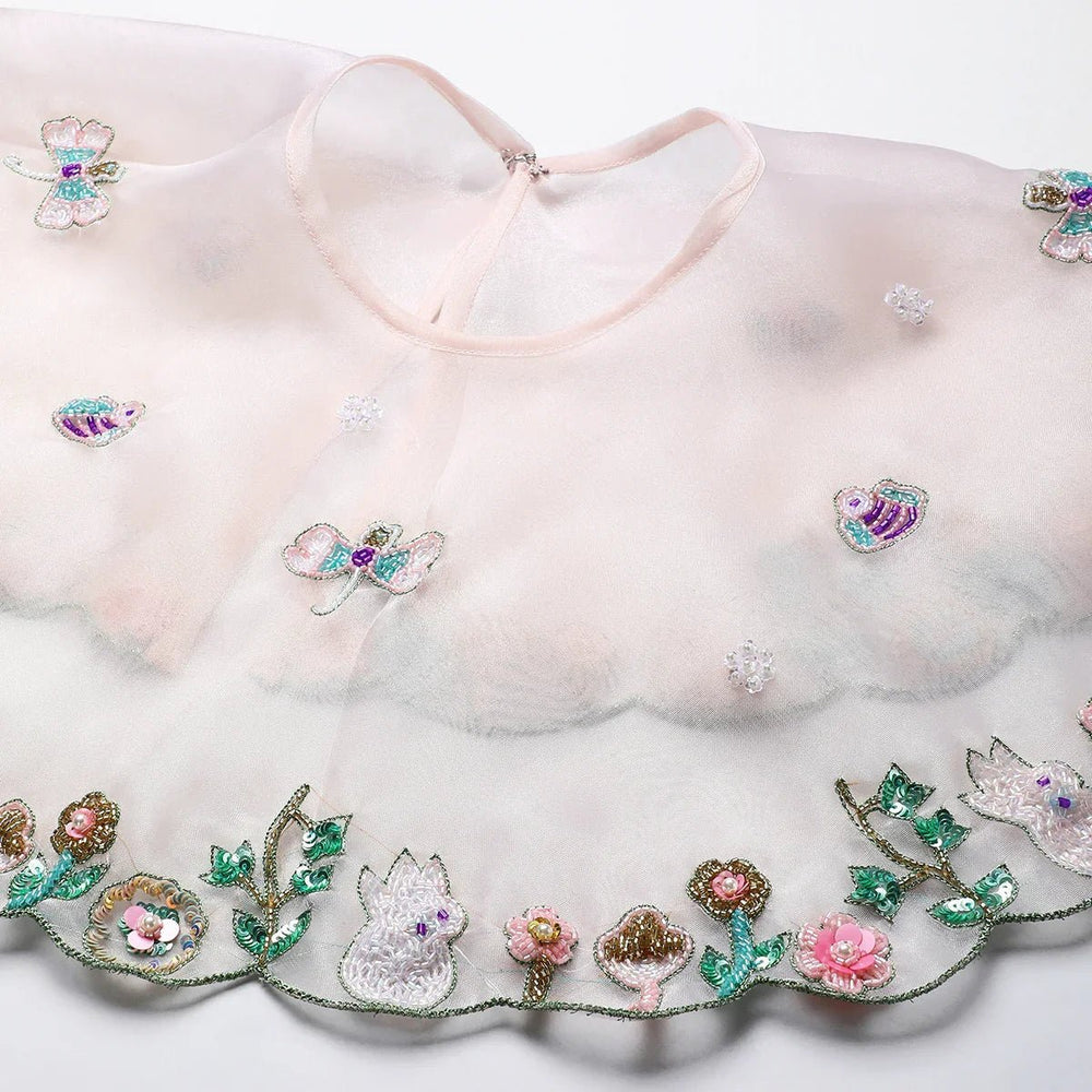 Dusty Rose Organza Girls Dress with Hand-Embroidered Cape & Satin Lining - BYB PREMIUM