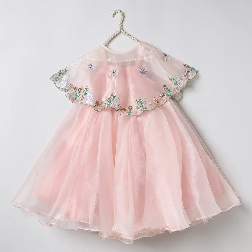 Dusty Rose Organza Girls Dress with Hand-Embroidered Cape & Satin Lining - BYB PREMIUM