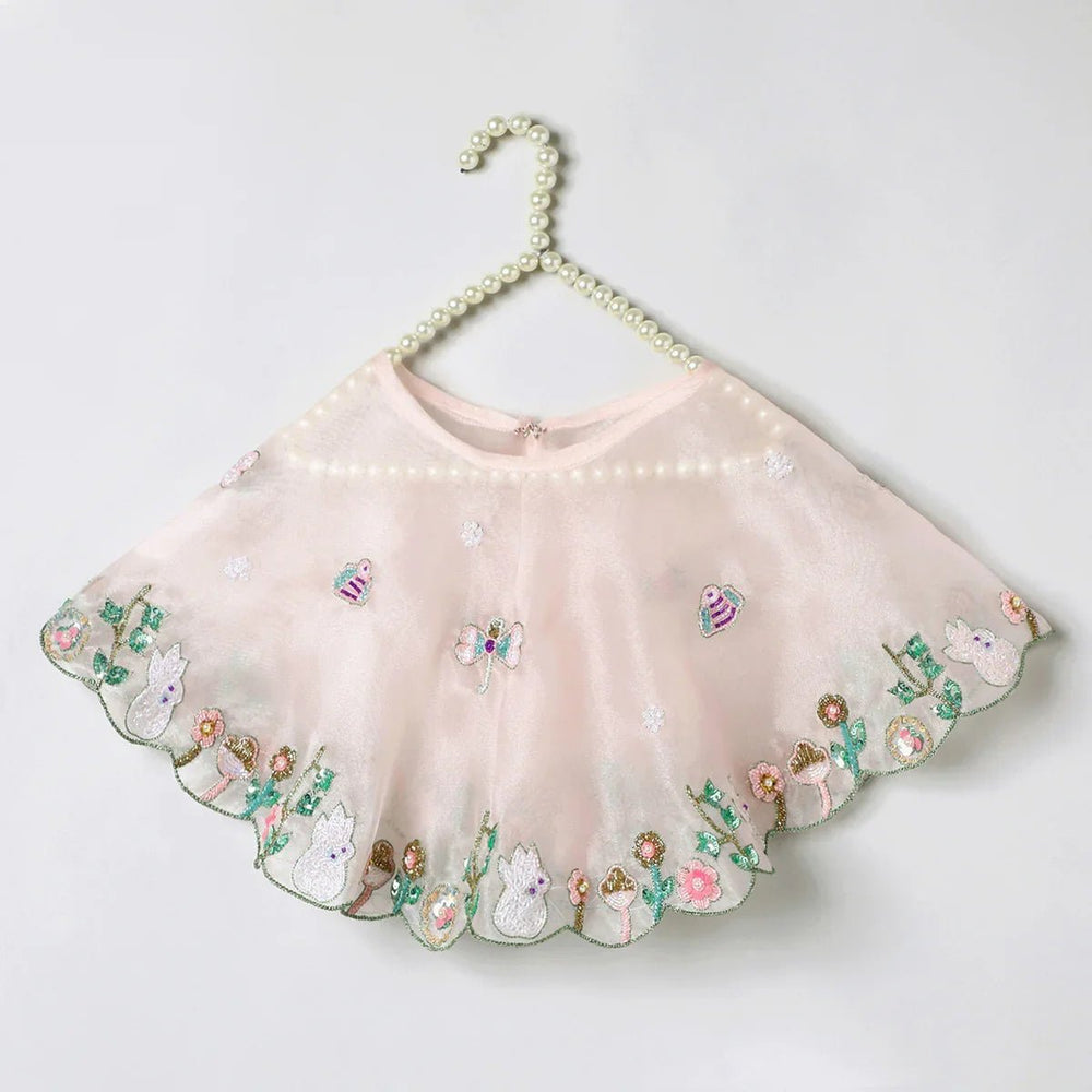 Dusty Rose Organza Girls Dress with Hand-Embroidered Cape & Satin Lining - BYB PREMIUM