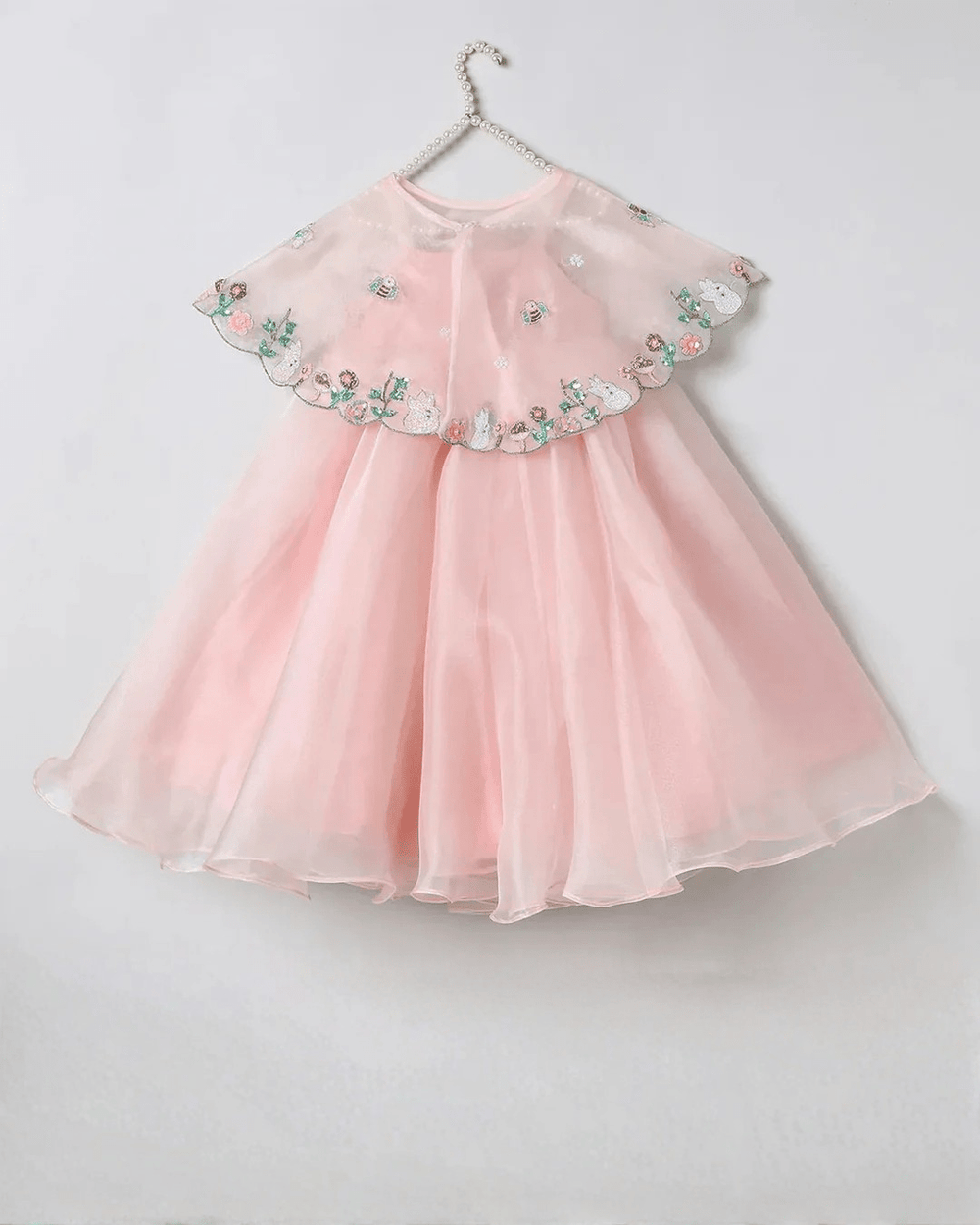 Dusty Rose Organza Girls Dress with Hand-Embroidered Cape & Satin Lining - BYB PREMIUM