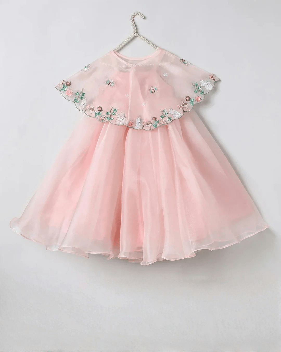 Dusty Rose Organza Girls Dress with Hand-Embroidered Cape & Satin Lining - BYB PREMIUM