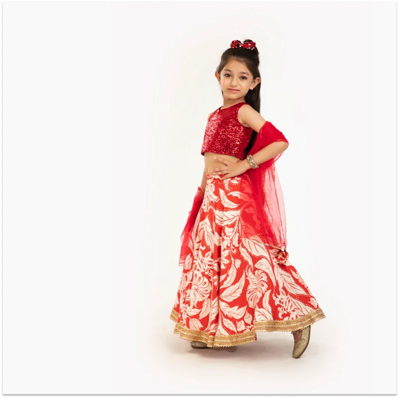 Red & Ivory Floral Lehenga Set