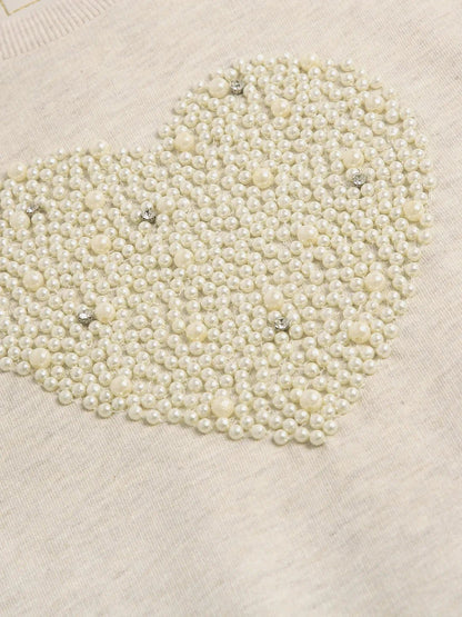 Ecru Melange Sweatshirt with Pearl Heart Embroidery - BYB PREMIUM