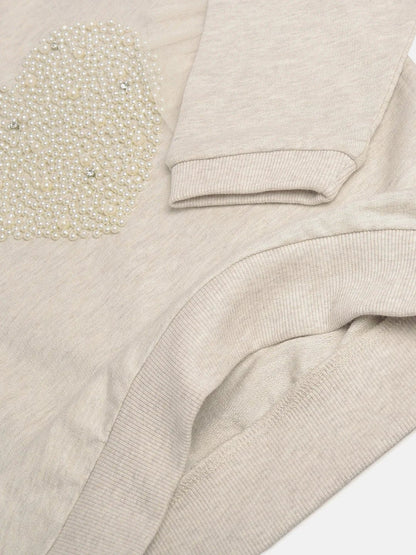 Ecru Melange Sweatshirt with Pearl Heart Embroidery - BYB PREMIUM