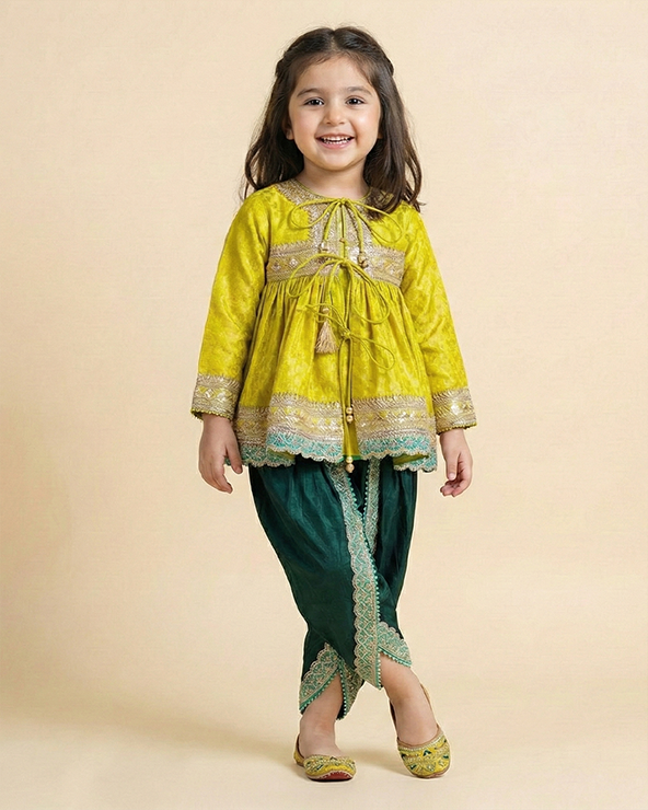 Lime Yellow Banarasi Silk Kurti Dhoti Set for Girls