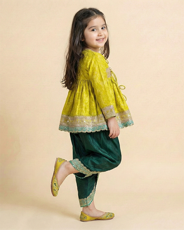 Lime Yellow Banarasi Silk Kurti Dhoti Set for Girls