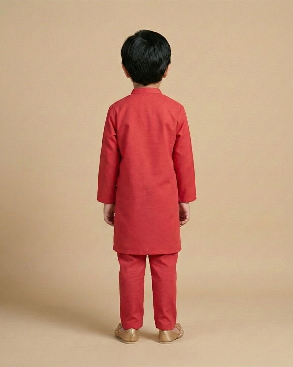 Traditional wedding red linen kurta & cotton pajama set for boys