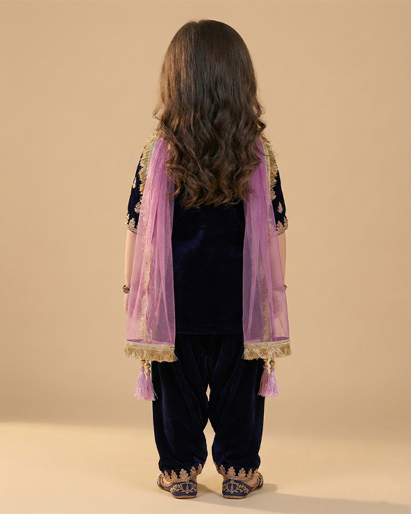 Navy blue velvet kurti patiala set for girls with dupatta