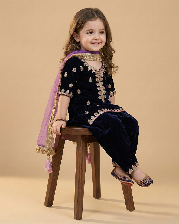 Navy blue velvet kurti patiala set for girls with dupatta