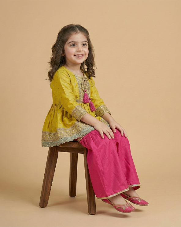 Lime yellow banarasi silk kurti sharara set for girls with cotton lining