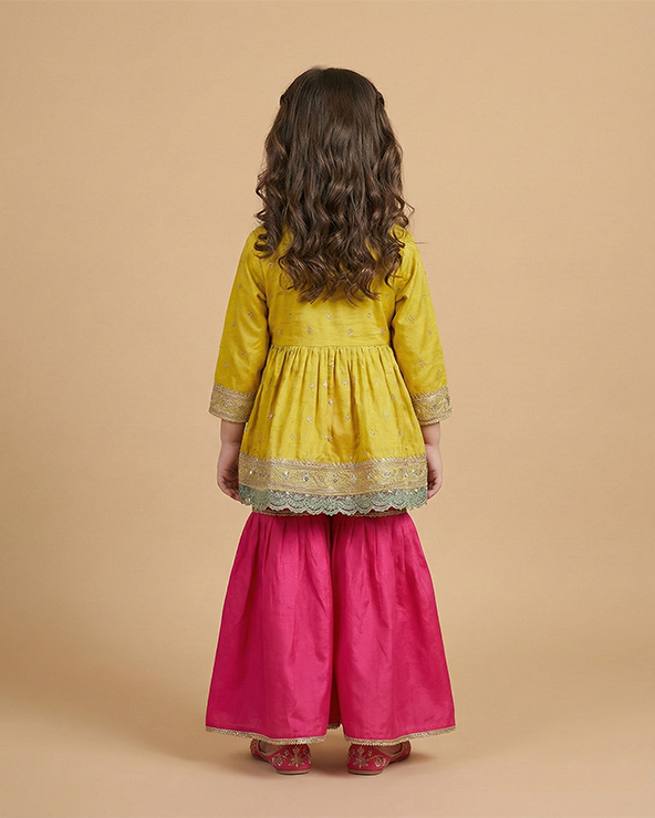 Lime yellow banarasi silk kurti sharara set for girls with cotton lining