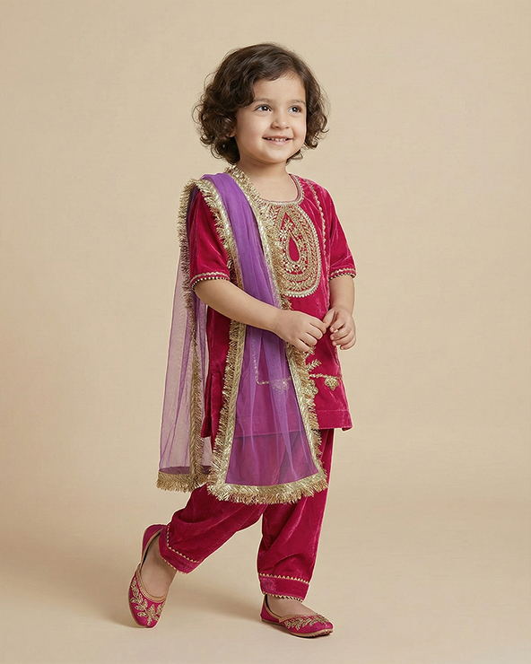 Magenta pink velvet kurta salwar set for girls with dupatta