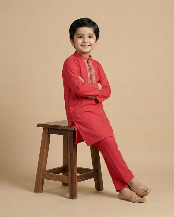 Traditional wedding red linen kurta & cotton pajama set for boys