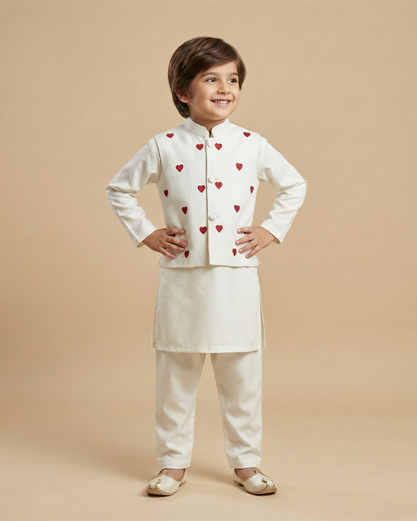 White Cotton Kurta Pyjama Set with Red Heart Embroidered Jacket for Boys