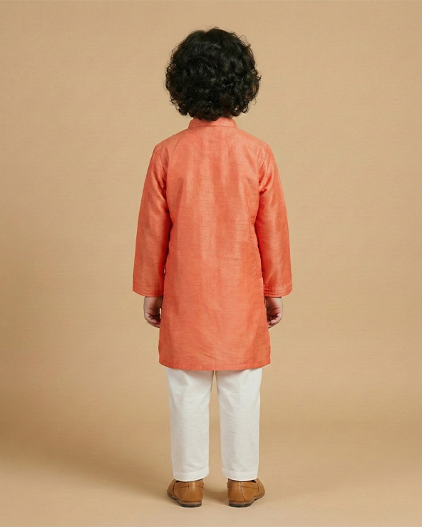 Bright peach tissue kurta & off white cotton pyjama set for boys