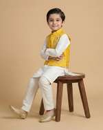 Load image into Gallery viewer, White Kurta Pyjama Set with Yellow Raw Silk Embroidered Jacket for Boys

