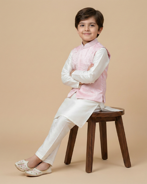 White kurta pyjama set with baby pink raw silk embroidered jacket for boys