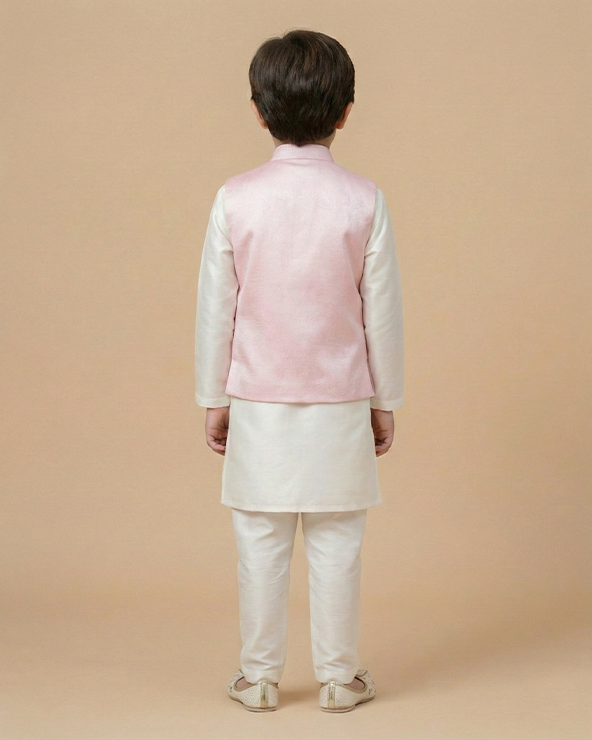 White kurta pyjama set with baby pink raw silk embroidered jacket for boys