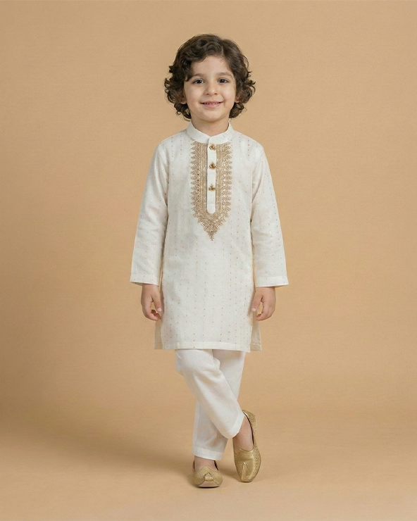Ivory Chanderi Silk Embroidered Kurta Pajama Set for Boys