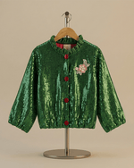 Load image into Gallery viewer, Emerald Green Sequin Jacket for Girls with Soft Lining - BYB PREMIUM
