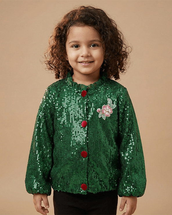 Emerald green sequin jacket for girls with soft lining   byb premium