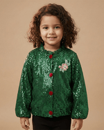 Load image into Gallery viewer, Emerald Green Sequin Jacket for Girls with Soft Lining - BYB PREMIUM
