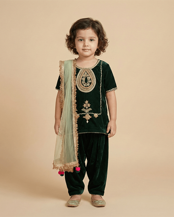 Emerald Green Velvet Kurta Salwar Set for Girls with Dupatta - BYB PREMIUM