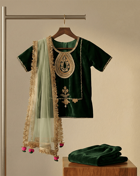Emerald Green Velvet Kurta Salwar Set for Girls with Dupatta - BYB PREMIUM