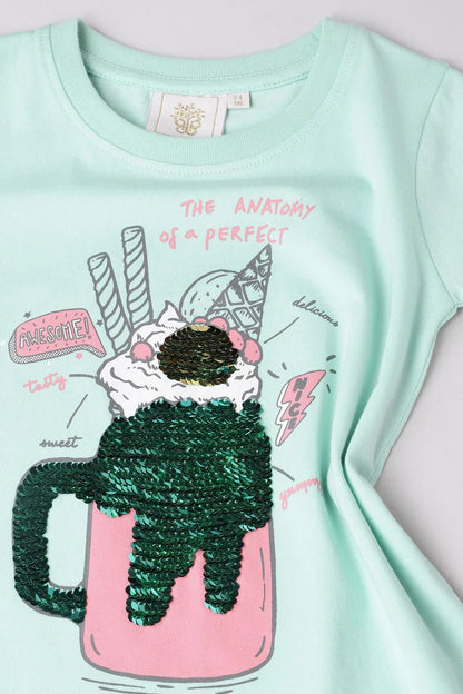 Fresh Teal Reversible Sequin Drink Print T-Shirt for Girls - BYB PREMIUM